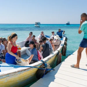 Snorkelers floating above a colorful coral reef, enjoying the warm, clear waters of the Red Sea.