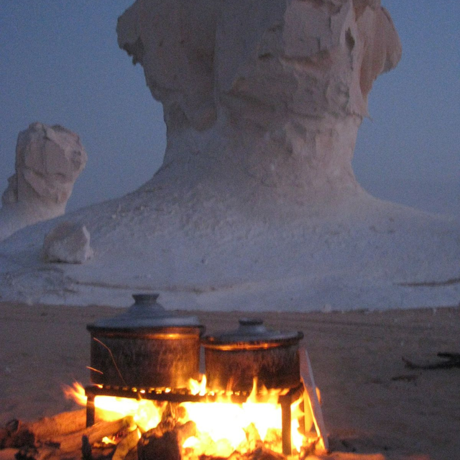 A camel ride at sunset in the White Desert, Egypt