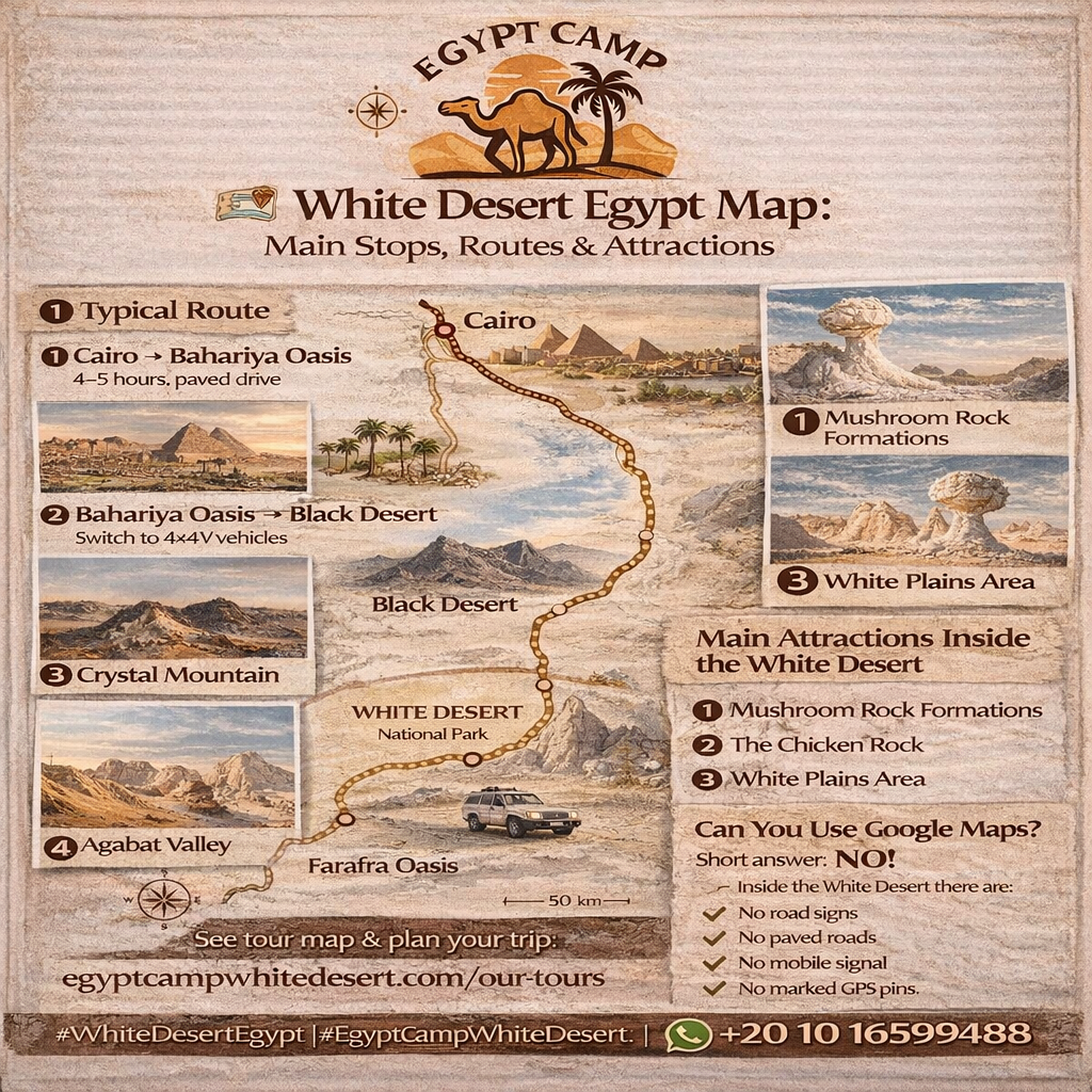 White desert Egypt Map, Egypt camp white desert